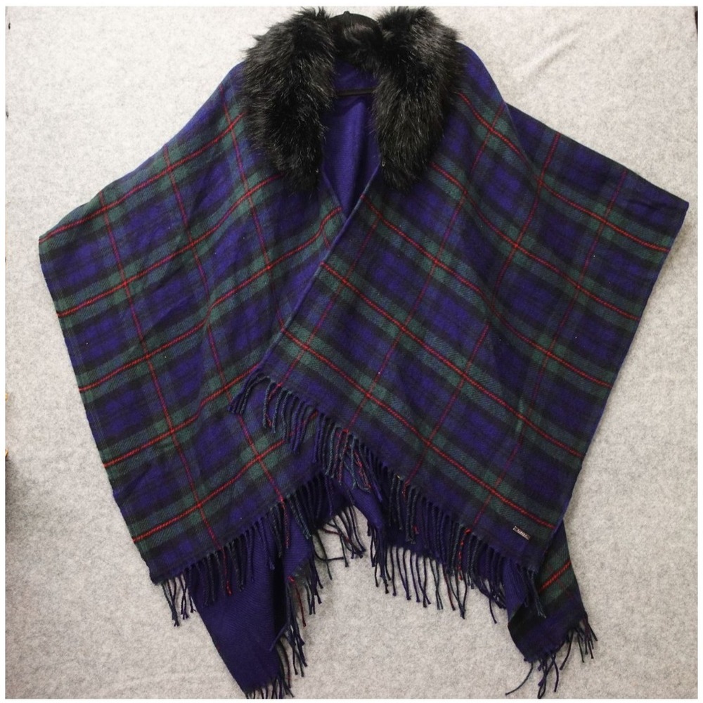 Ralph Lauren Reversible Ruana Womens Blue Green Tartan Faux Fur Poncho Wrap OS